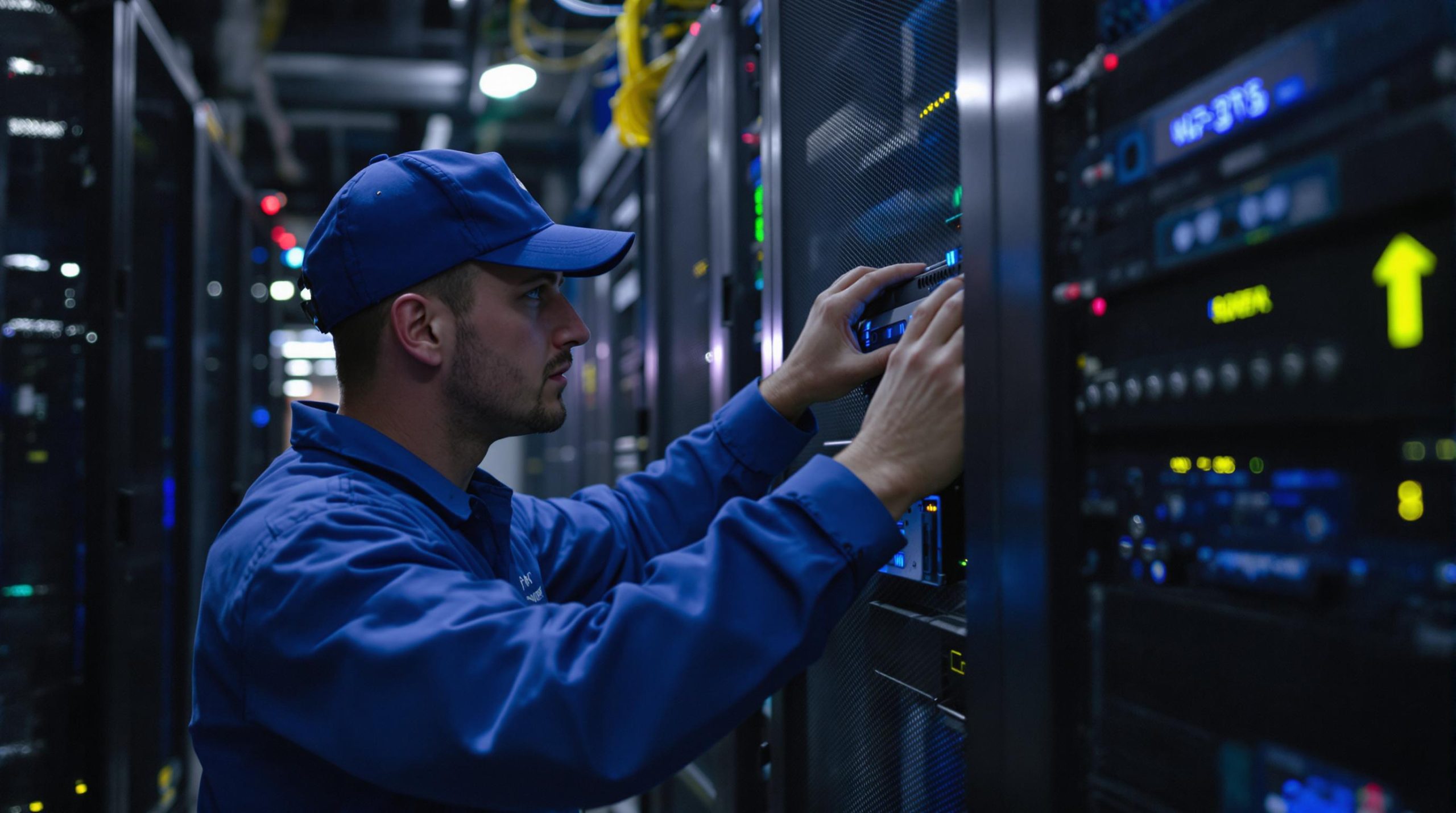 Technicien travaillant sur des serveurs dans une salle informatique